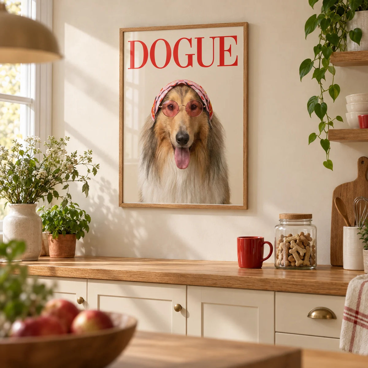 Rough Collie Dogue Print, framed on the wall of a friendly kitchen with cream cabinets and a pale beige wall
