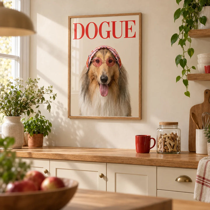 Rough Collie Dogue Print, framed on the wall of a friendly kitchen with cream cabinets and a pale beige wall