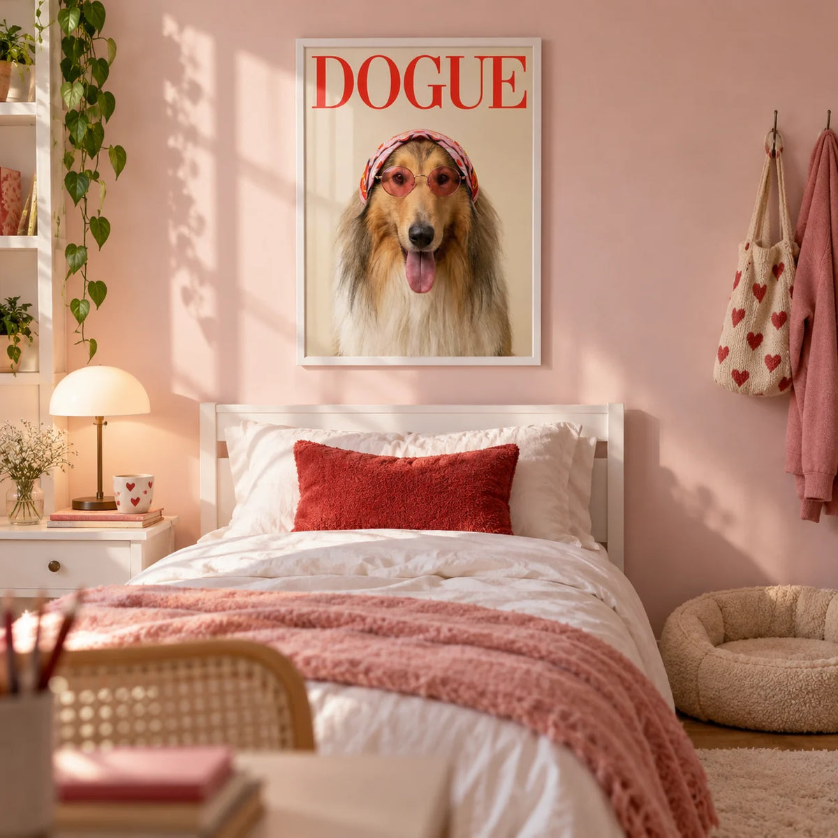 Rough Collie Dogue Print, framed on the wall of a fun teen girl's bedroom (13-17) with a soft blush pink wall