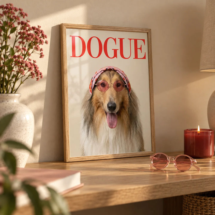 Rough Collie Dogue Print, a small A4 framed print leaning on an oak shelf in a living room