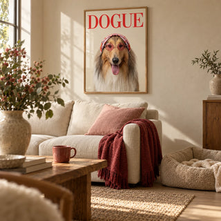Rough Collie Dogue Print, framed on the wall of a warm modern living room with a beige limewash wall