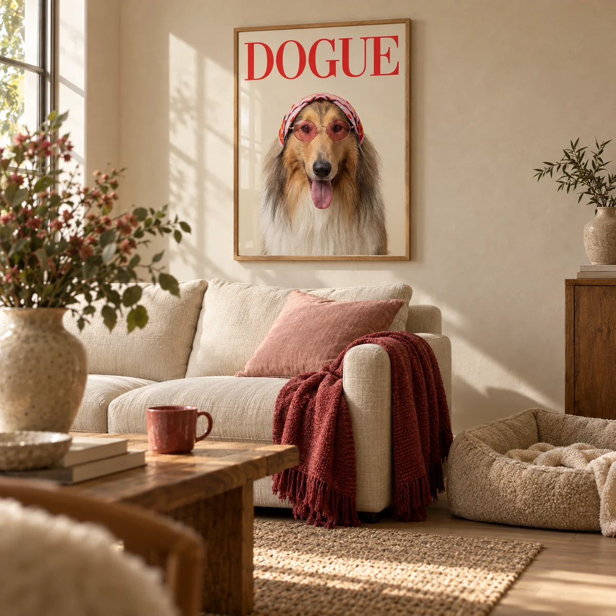 Rough Collie Dogue Print, framed on the wall of a warm modern living room with a beige limewash wall