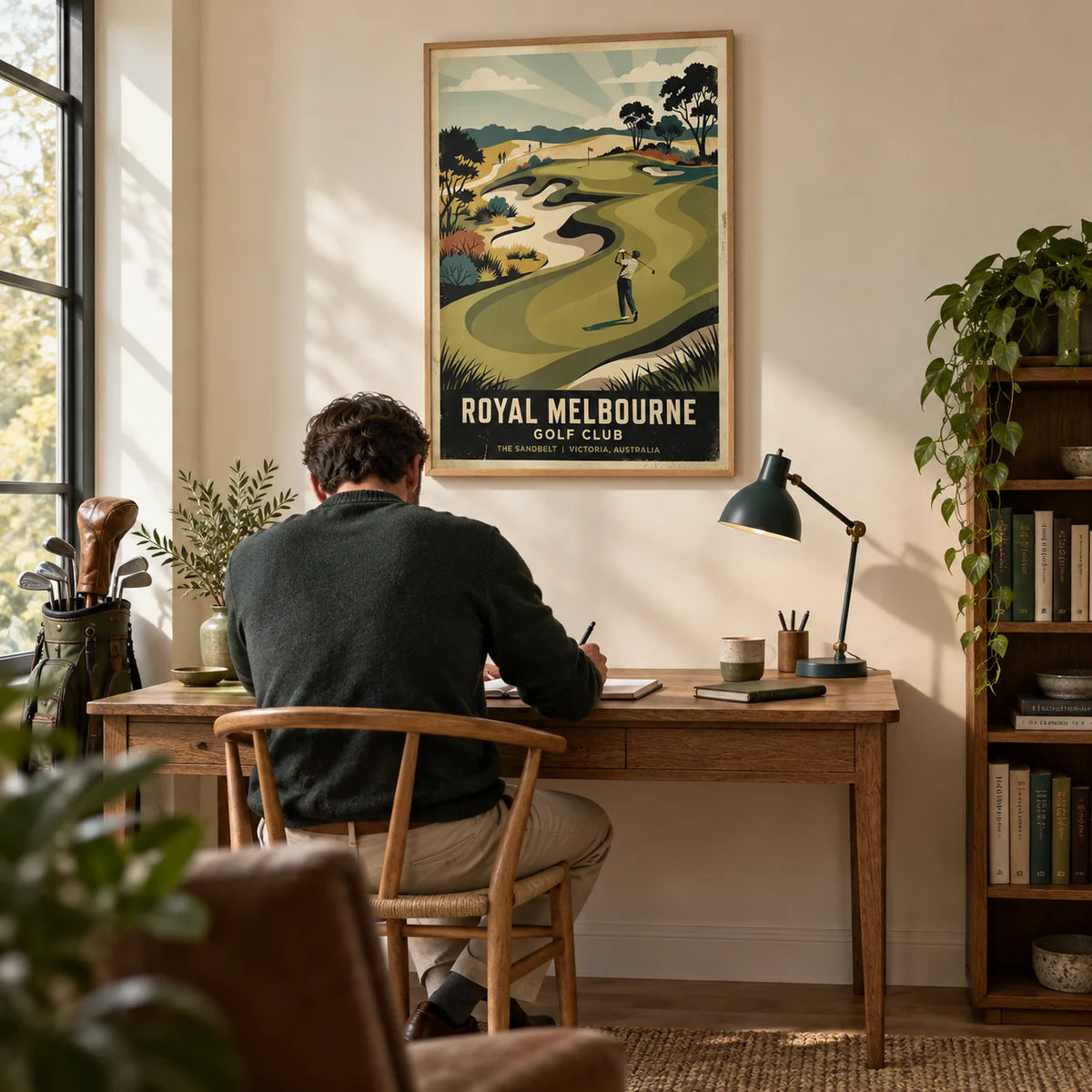 Royal Melbourne Golf Art, framed on the wall of a characterful home study for a golf enthusiast with a warm ivory wall and oak floor