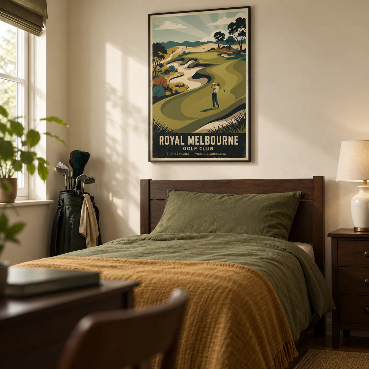 Royal Melbourne Golf Art, framed on the wall of a golf-loving young adult's single bedroom (18-25) in a UK family home with a cream wall and dark wooden furniture