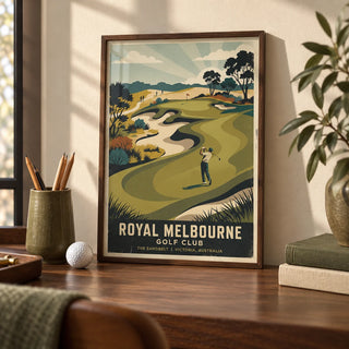 Royal Melbourne Golf Art, a small A4 framed print leaning on a walnut desk