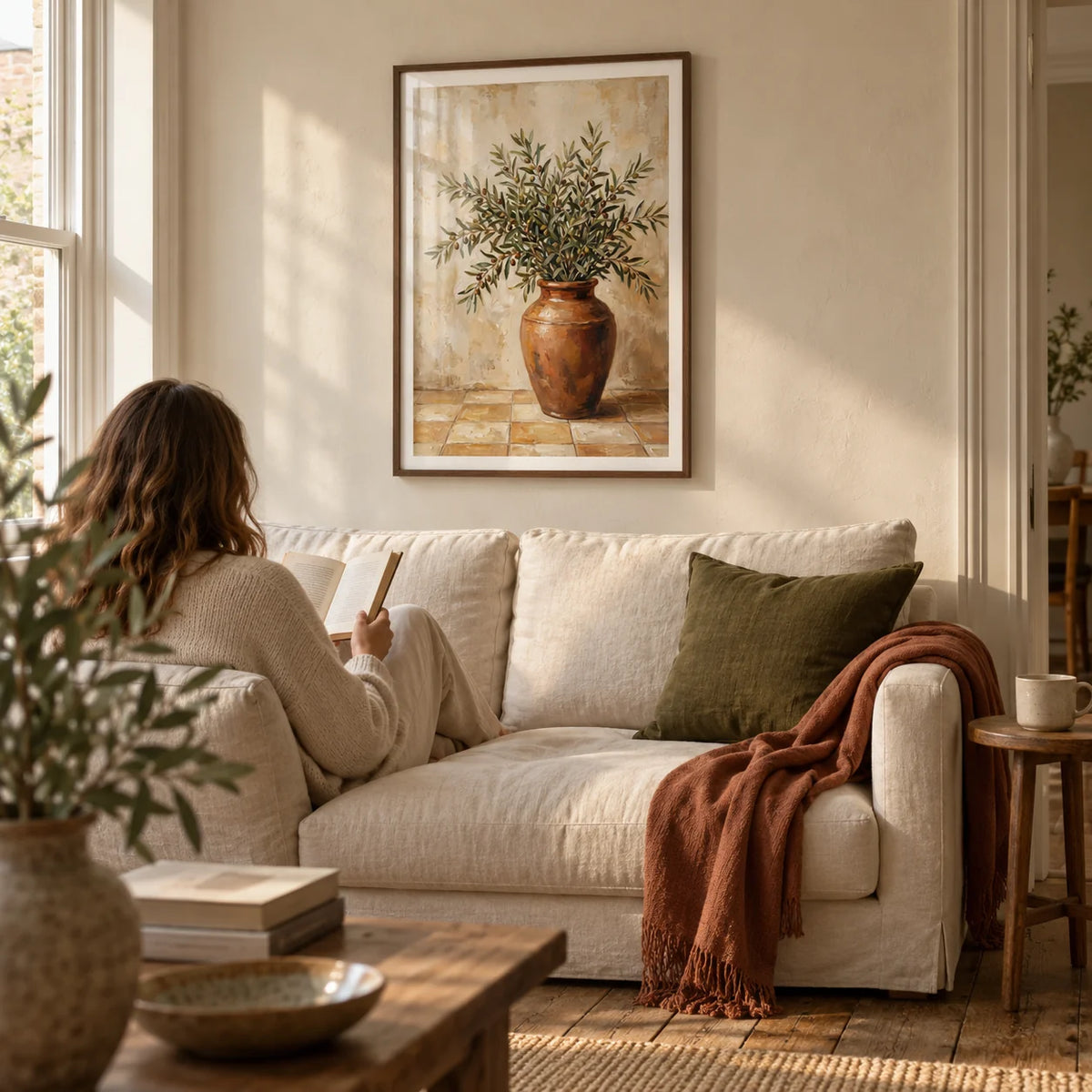Rustic Olive Art, framed on the wall of a quiet living room in a renovated UK terrace with warm cream plaster walls and reclaimed timber floorboards