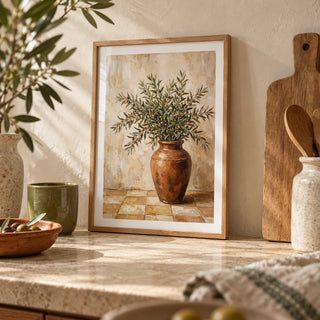 Rustic Olive Art, a small A4 framed print leaning on a pale stone kitchen worktop