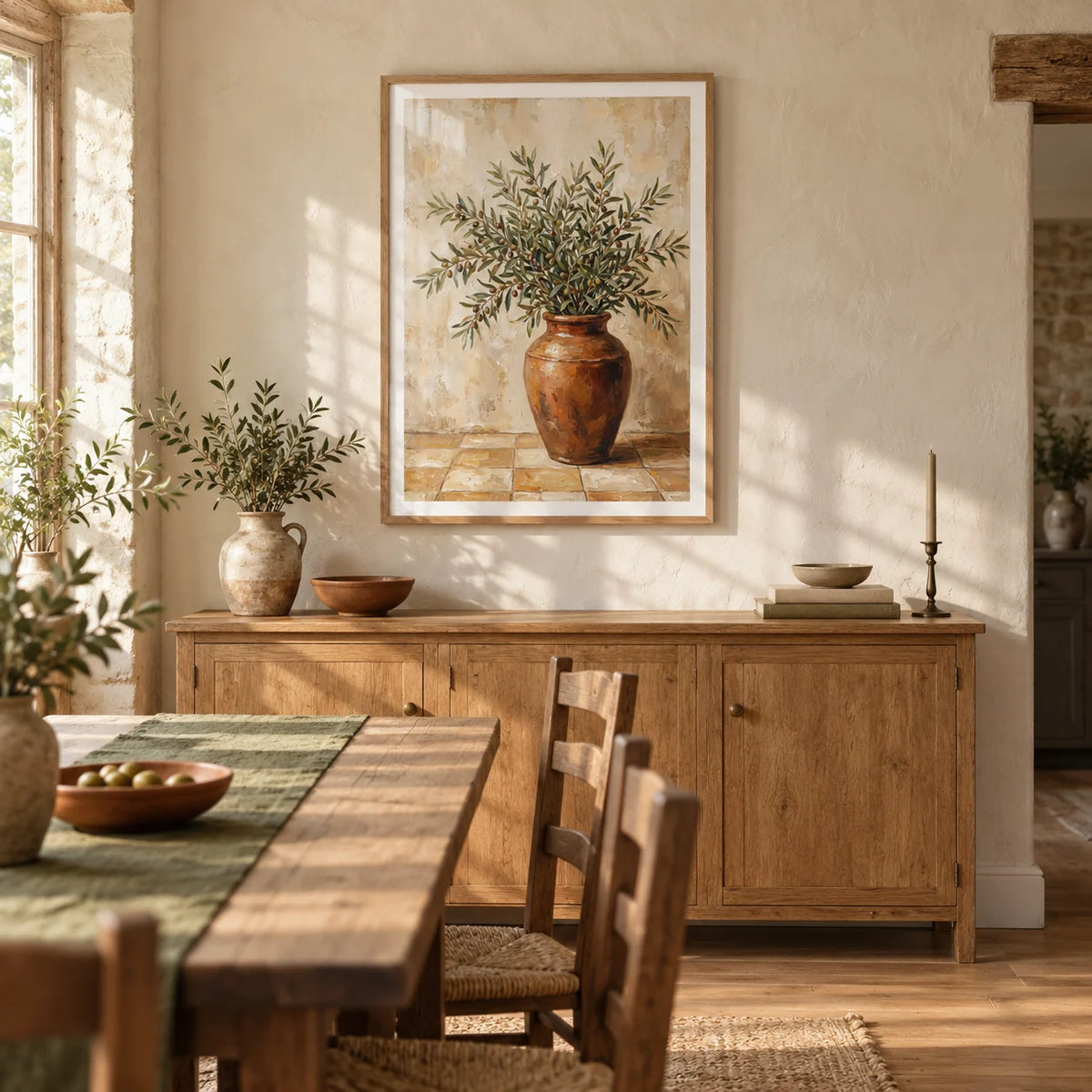 Rustic Olive Art, framed on the wall of a warm country dining room in a UK stone cottage with cream limewashed walls and a mellow oak floor