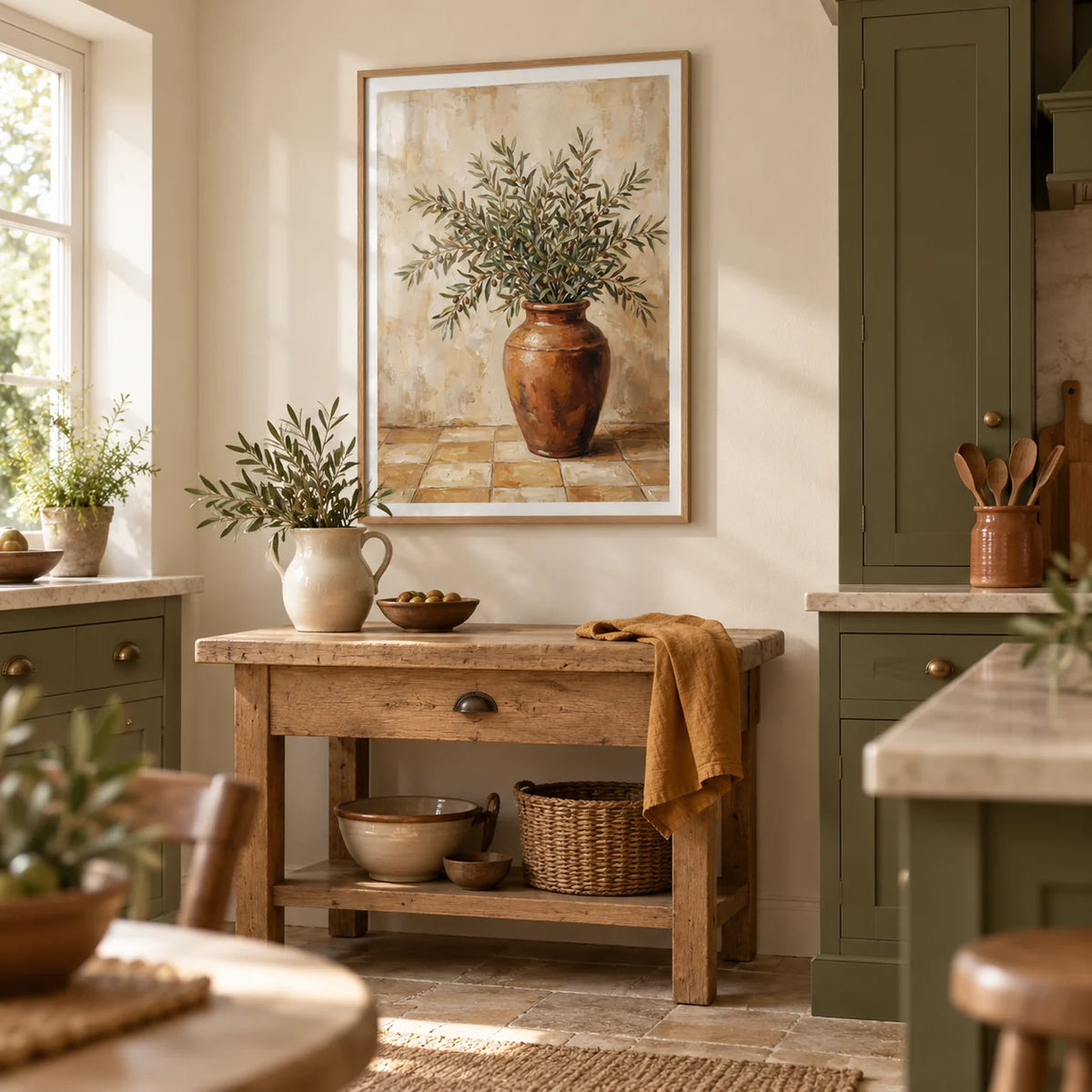 Rustic Olive Art, framed on the wall of a welcoming cottage kitchen with olive green painted cupboards