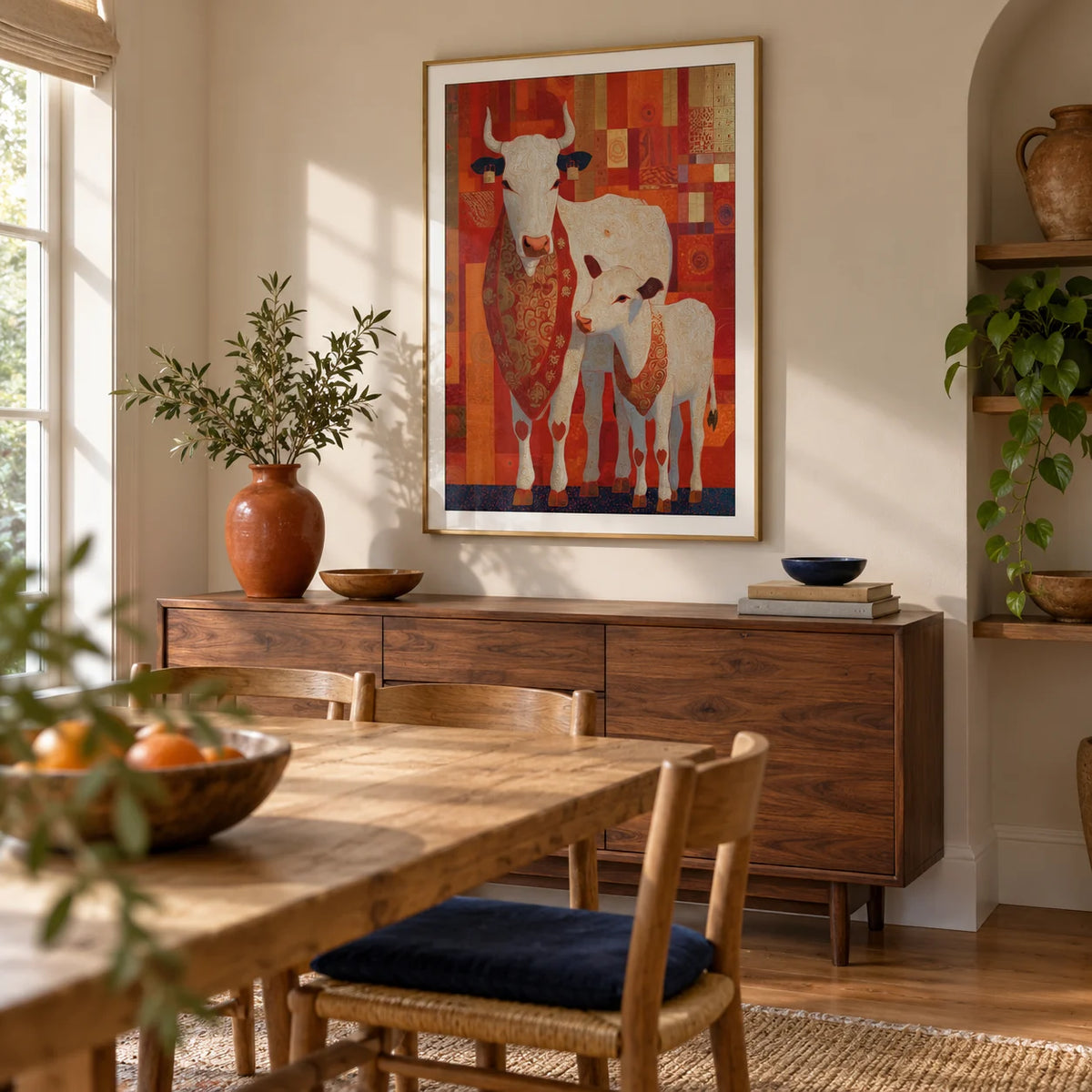 Sacred Cow Wall Art, framed on the wall of a characterful dining room in a British family home with warm white walls and a shallow arched alcove