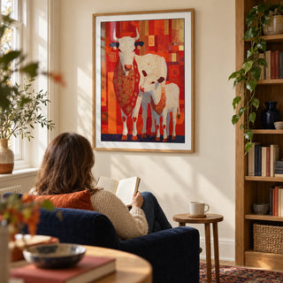 Sacred Cow Wall Art, framed on the wall of a quiet reading corner in a mature art lover's UK flat with a warm ivory wall and a tall oak bookcase to one side in a living room