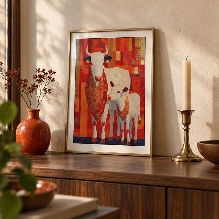 Sacred Cow Wall Art, a small A4 framed print leaning on a walnut side table in a hallway