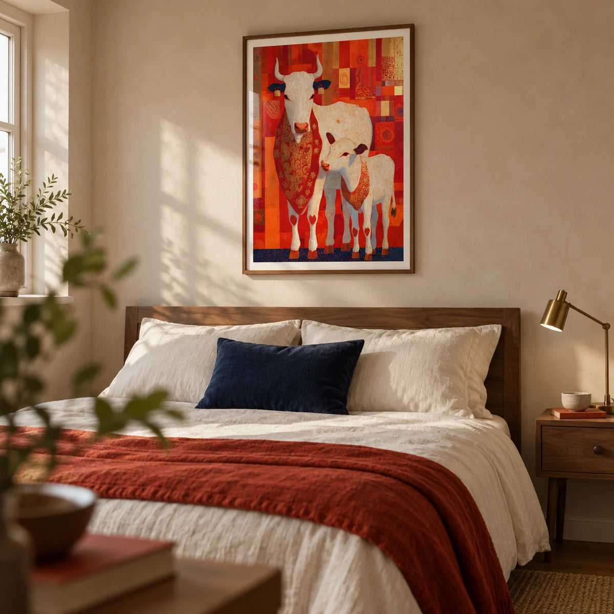 Sacred Cow Wall Art, framed on the wall of a warm contemporary bedroom in a UK home with pale clay plaster walls and simple walnut furniture