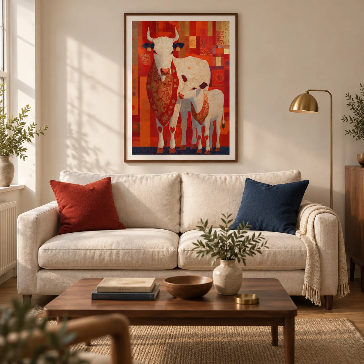 Sacred Cow Wall Art, framed on the wall of a warm contemporary living room in a UK terraced house with ivory plaster walls