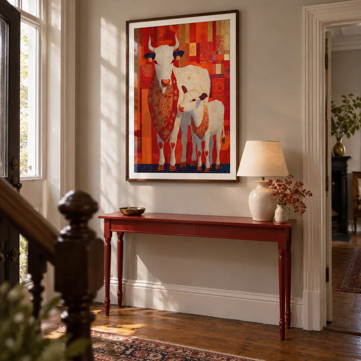Sacred Cow Wall Art, framed on the wall of a welcoming hallway in a Victorian terrace with pale warm-grey walls and original timber floorboards