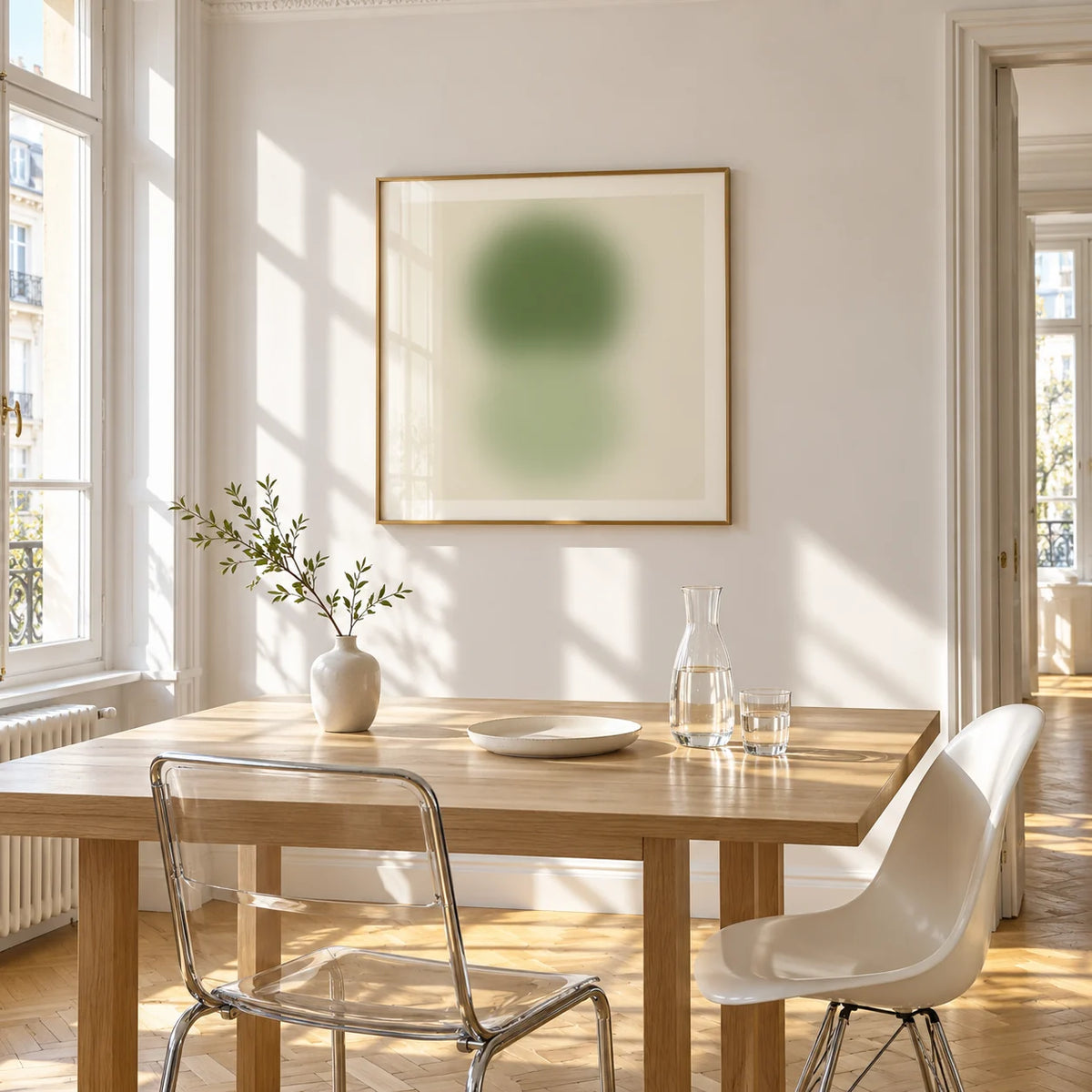 Sage and Olive Print, framed on the wall of a bright dining corner