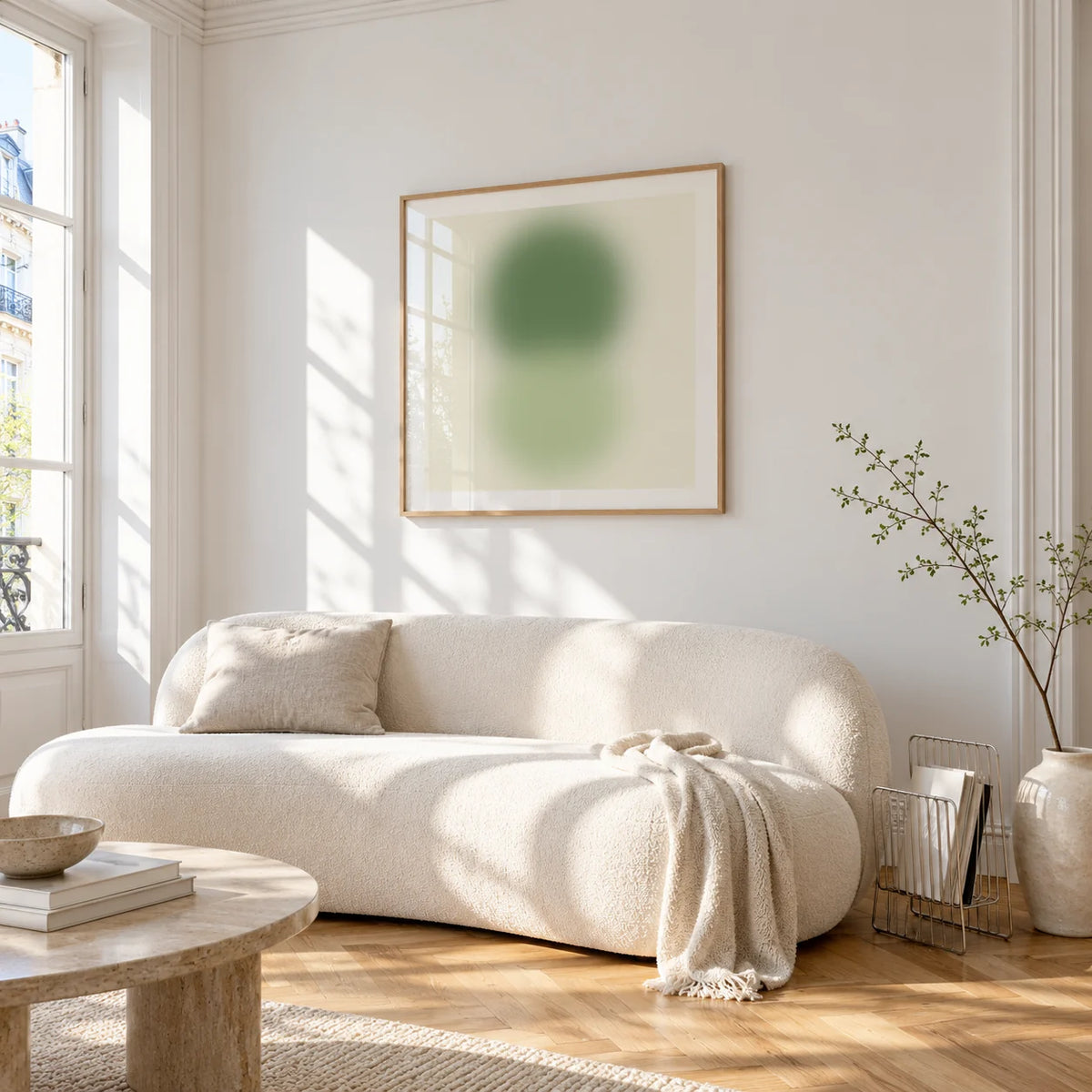 Sage and Olive Print, framed on the wall of a bright living room corner