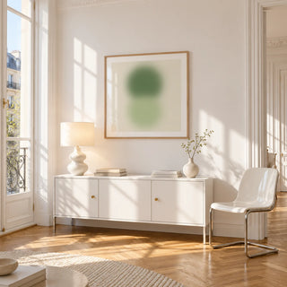 Sage and Olive Print, framed on the wall of a bright Paris style apartment in a living room