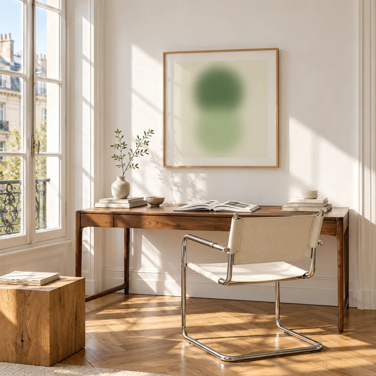 Sage and Olive Print, framed on the wall of a bright study corner with a tall white paned window