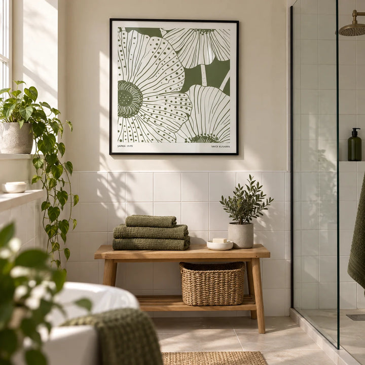 Sage Green Abstract Wall Art, framed on the wall of a bright botanical bathroom in a renovated UK terrace with a warm white upper wall and plain white tiles below