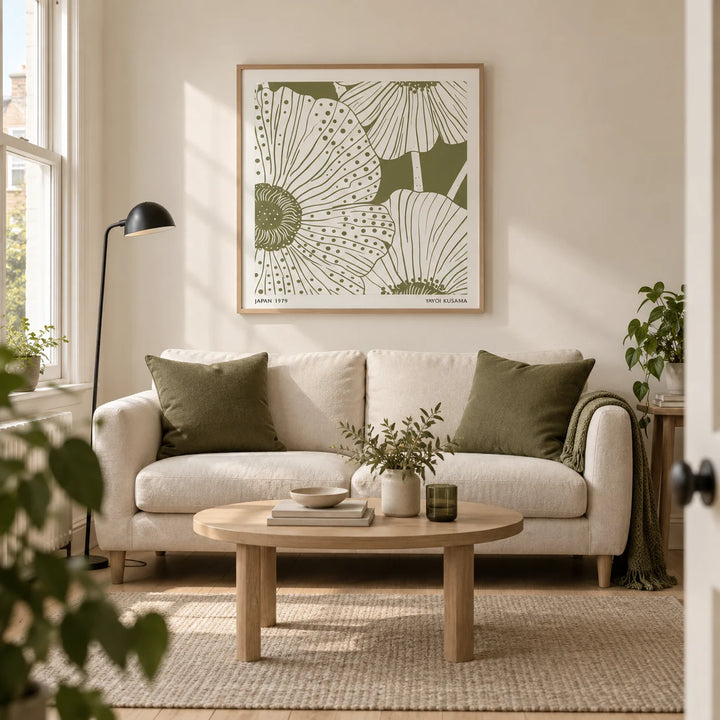 Sage Green Abstract Wall Art, framed on the wall of a calm modern living room in a UK terraced house with warm white plaster walls and pale oak floorboards