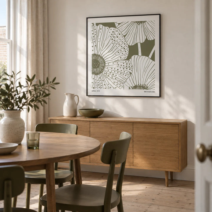 Sage Green Abstract Wall Art, framed on the wall of a modest modern dining room in a UK terraced home with chalk white walls and pale wooden floorboards