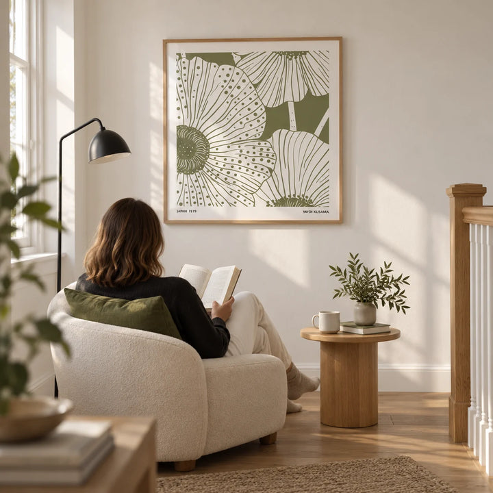 Sage Green Abstract Wall Art, framed on the wall of a quiet reading corner on a spacious landing with a soft white wall and oak floorboards in a living room