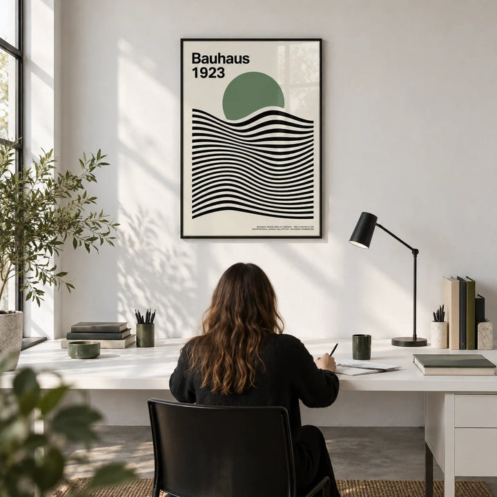 Sage Green Print, framed on the wall of a crisp design studio with white walls and a polished concrete floor in a home office