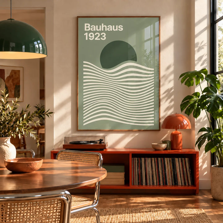 Sage Green Print, framed on the wall of a mid-century dining room