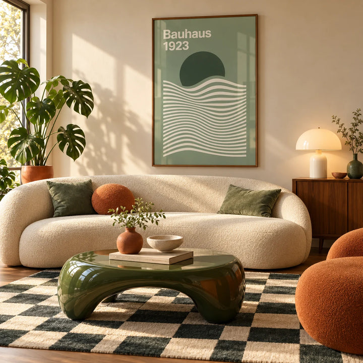 Sage Green Print, framed on the wall of a mid-century living room