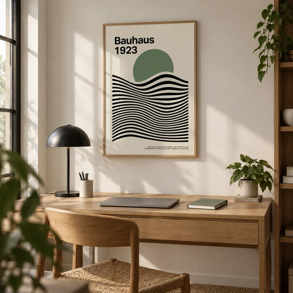 Sage Green Print, framed on the wall of a minimal home office