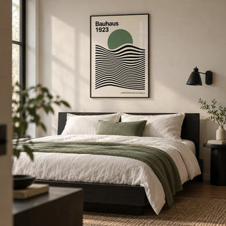 Sage Green Print, framed on the wall of a minimal modern bedroom