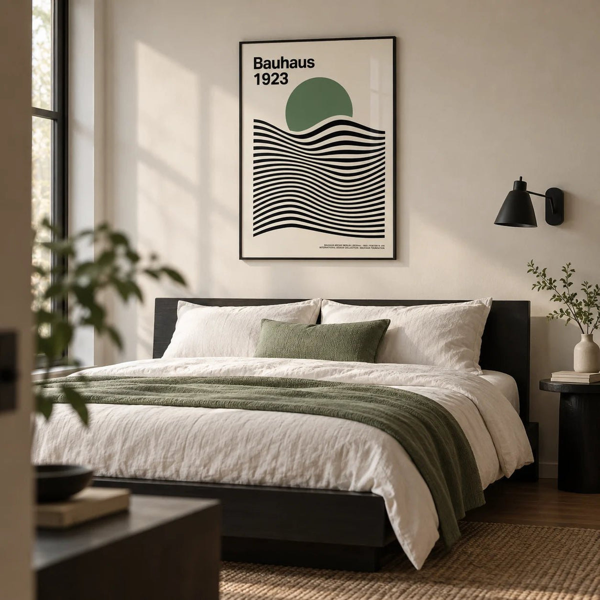 Sage Green Print, framed on the wall of a minimal modern bedroom