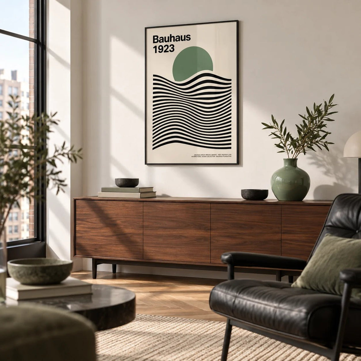 Sage Green Print, framed on the wall of a modern city-flat living room