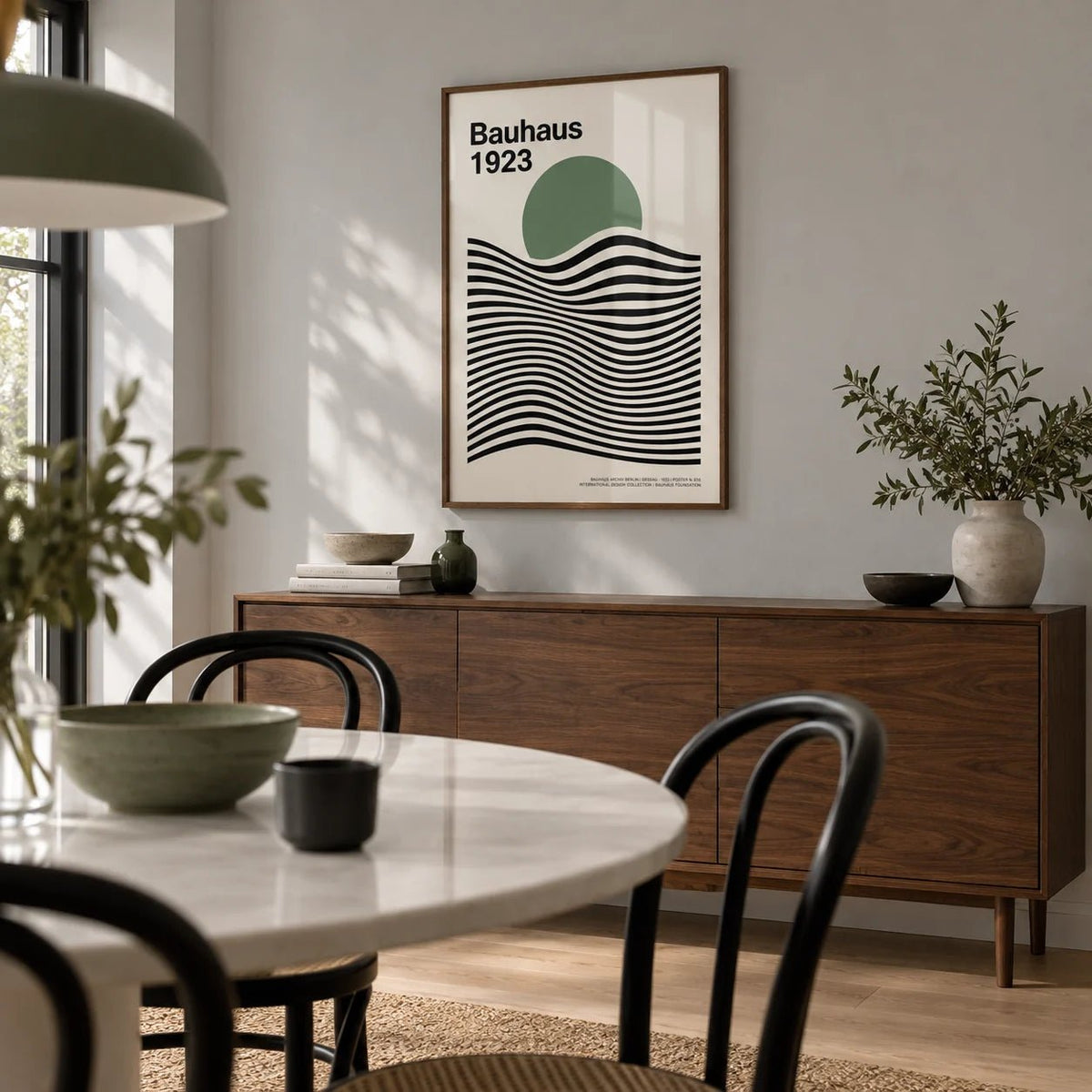 Sage Green Print, framed on the wall of a modern dining room with a pale grey wall