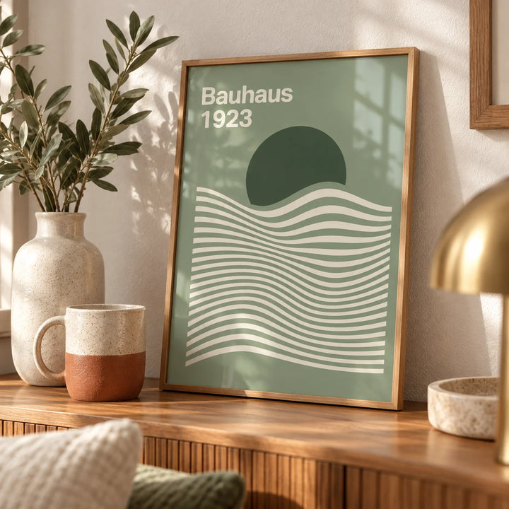 Sage Green Print, a small A4 framed print leaning on a walnut sideboard in a living room