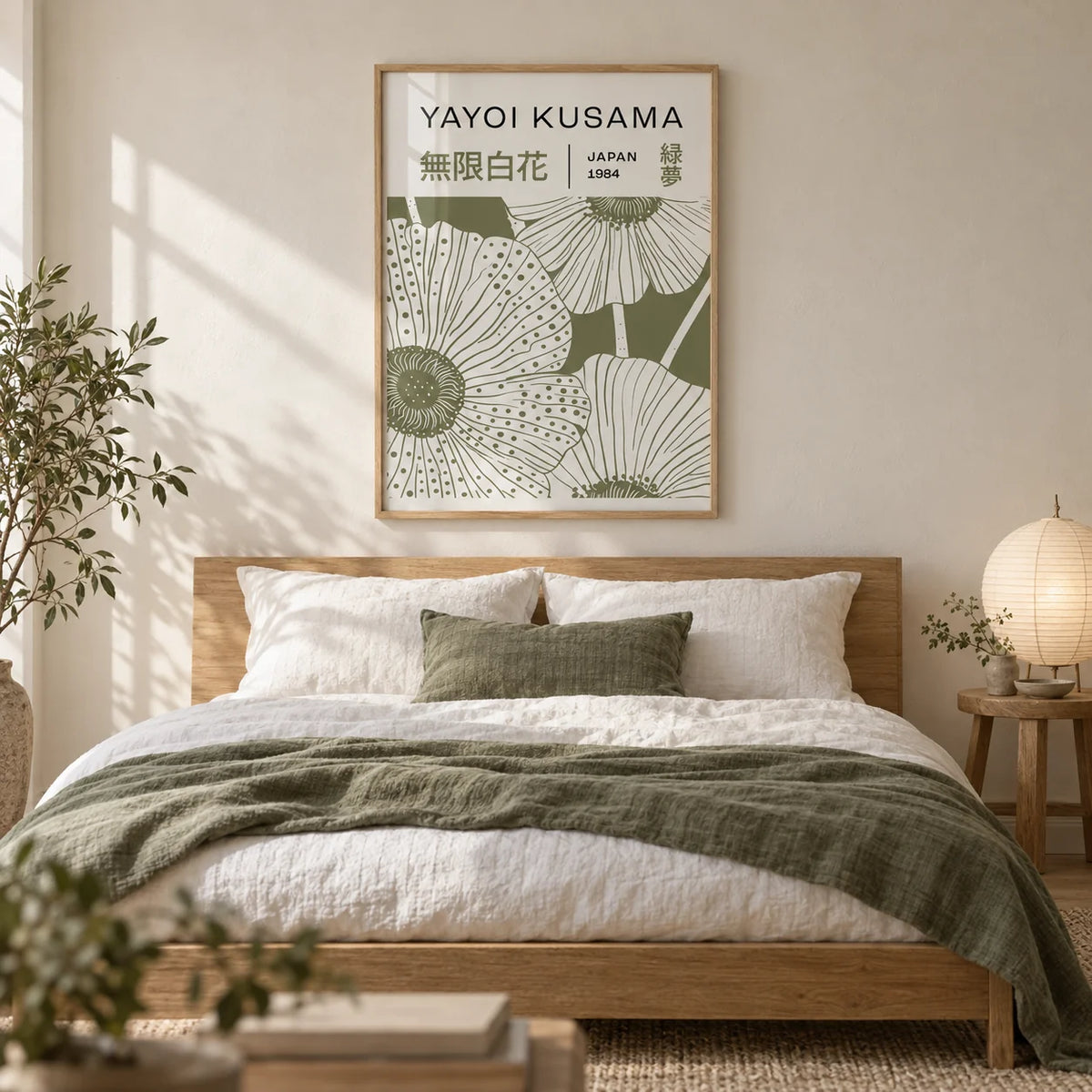 Sage Green Wall Art, framed on the wall of a calm Japandi bedroom with a warm white plaster wall