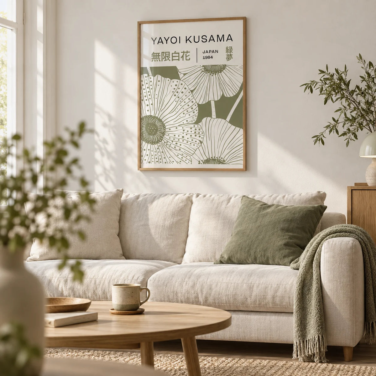 Sage Green Wall Art, framed on the wall of a calm Scandi living room with a soft white wall and a light oak floor
