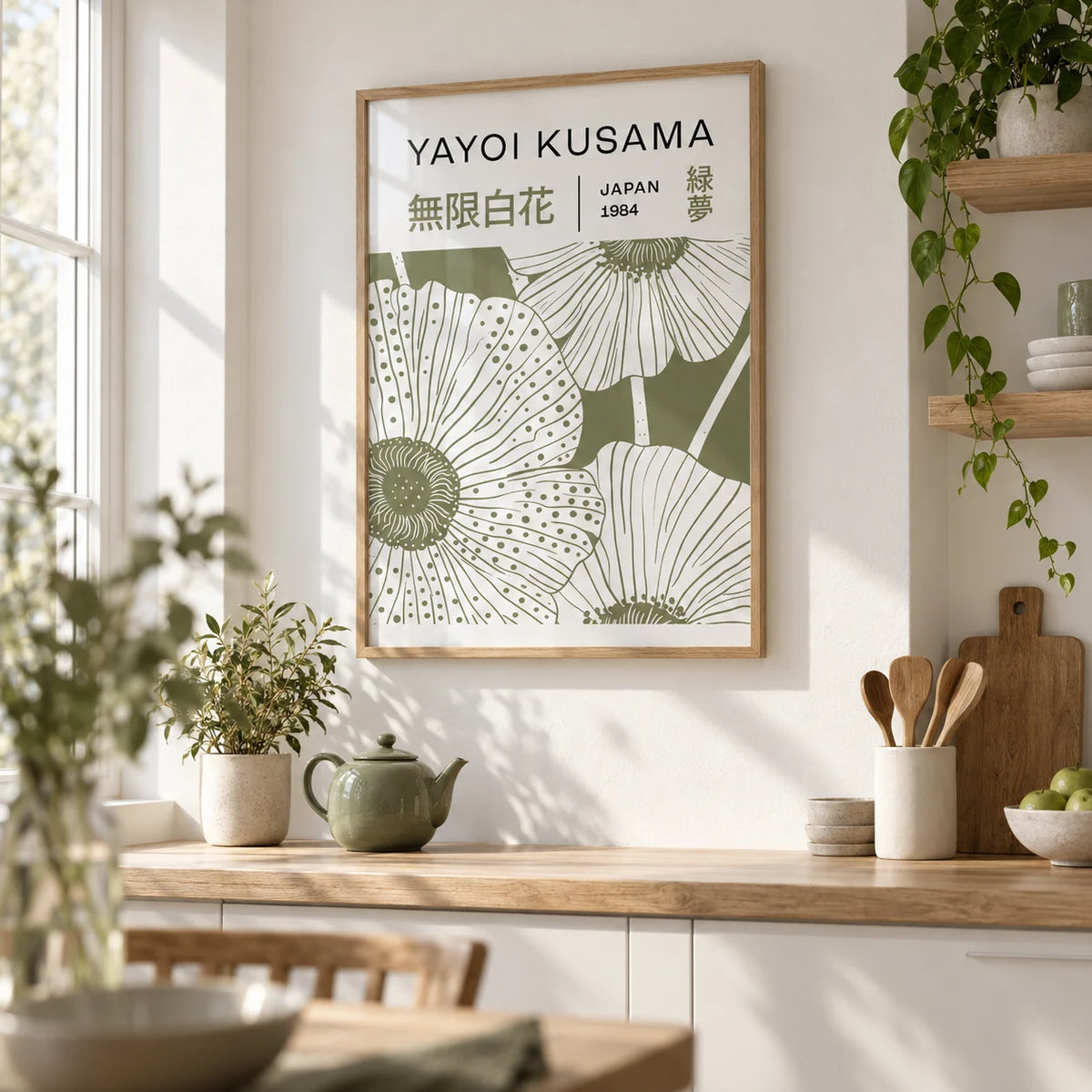 Sage Green Wall Art, framed on the wall of a calm white kitchen with pale oak open shelves