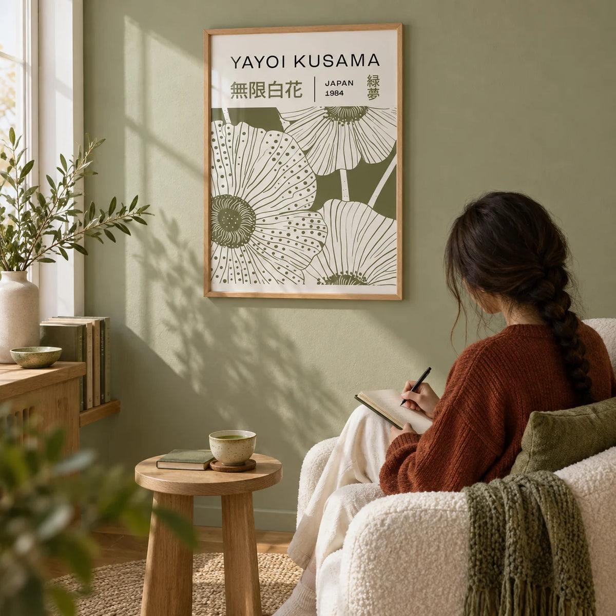 Sage Green Wall Art, framed on the wall of a quiet reading nook with a pale sage wall in a living room