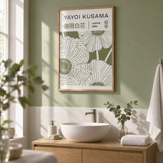 Sage Green Wall Art, framed on the wall of a serene bathroom with a pale sage green painted wall and plain white tiles