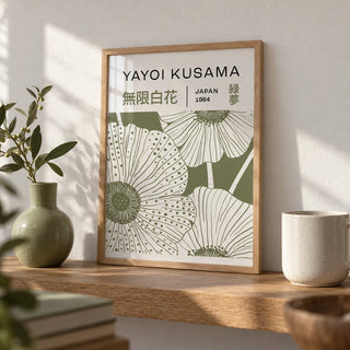 Sage Green Wall Art, a small A4 framed print leaning on an oak shelf in a living room