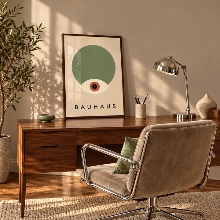 Sage Green Wall Decor, framed on the wall of a home office with a walnut desk and a chrome lamp