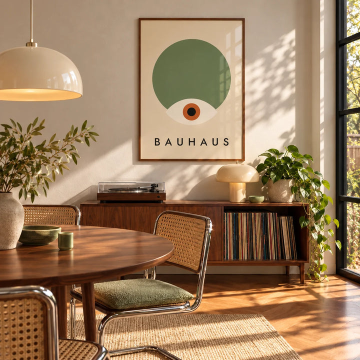 Sage Green Wall Decor, framed on the wall of a mid-century dining room with a walnut sideboard and cane chairs