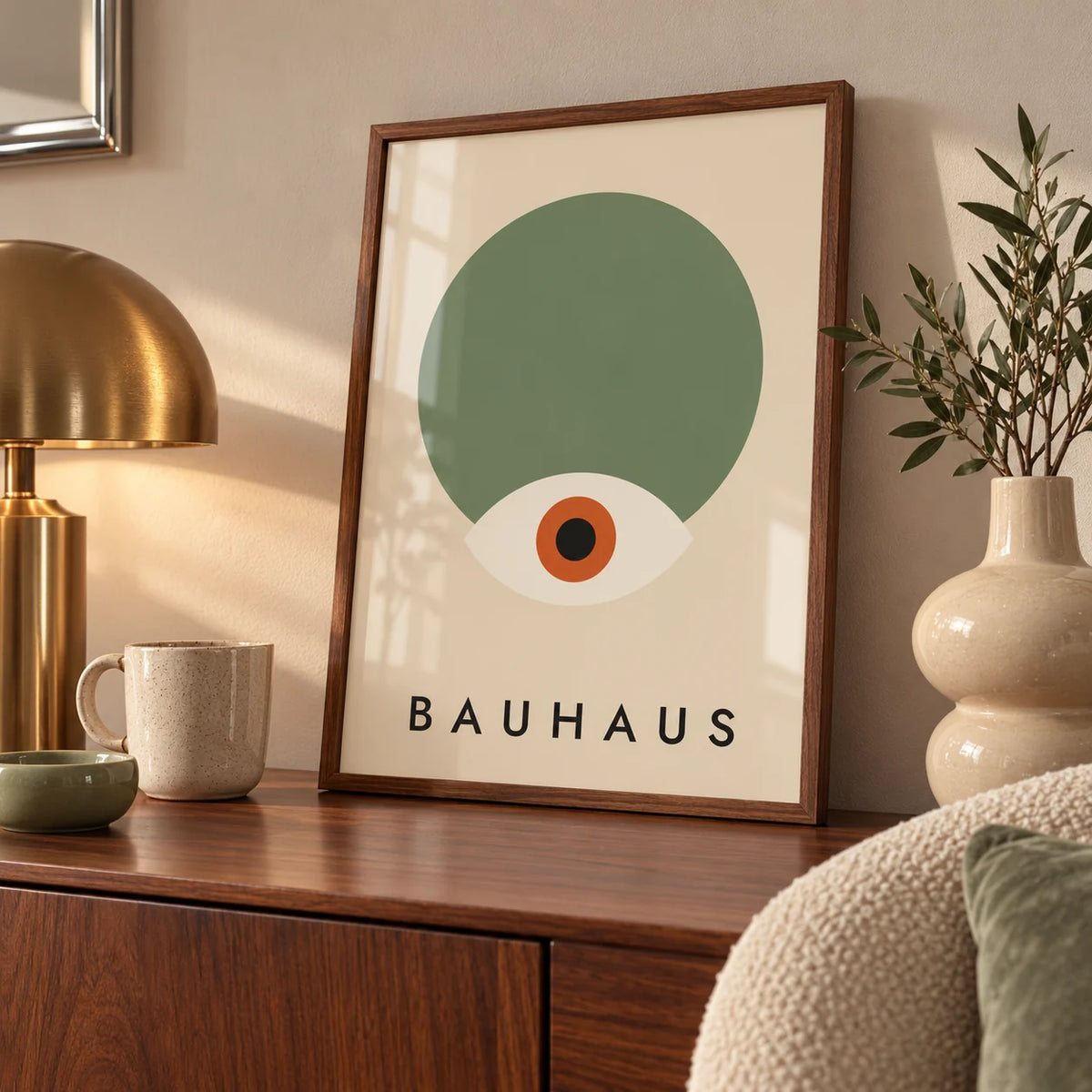 Sage Green Wall Decor, a small A4 framed print leaning on a walnut sideboard in a living room