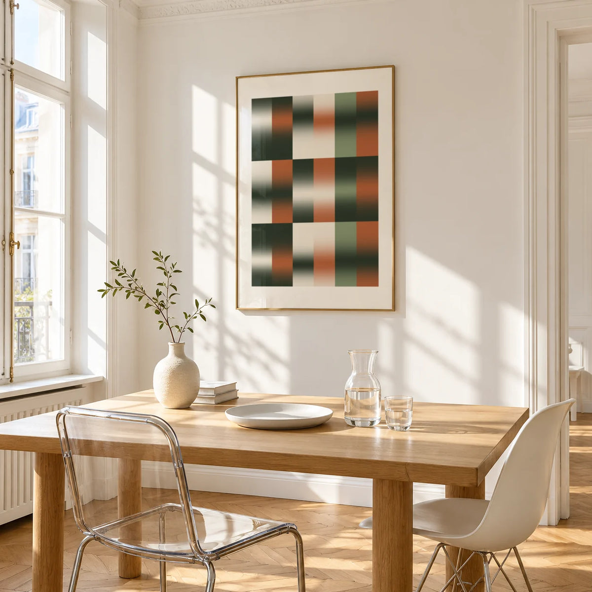 Sage Grid Print, framed on the wall of a bright dining corner