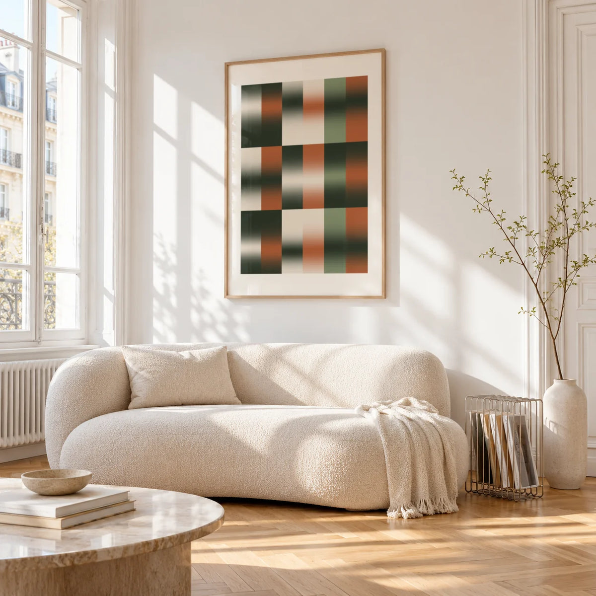 Sage Grid Print, framed on the wall of a bright living room corner
