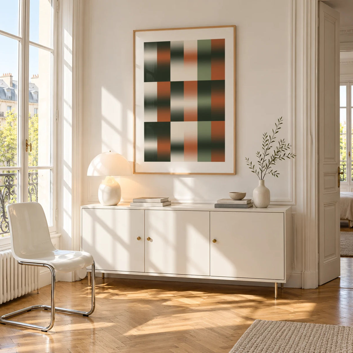 Sage Grid Print, framed on the wall of a bright Paris style apartment in a living room