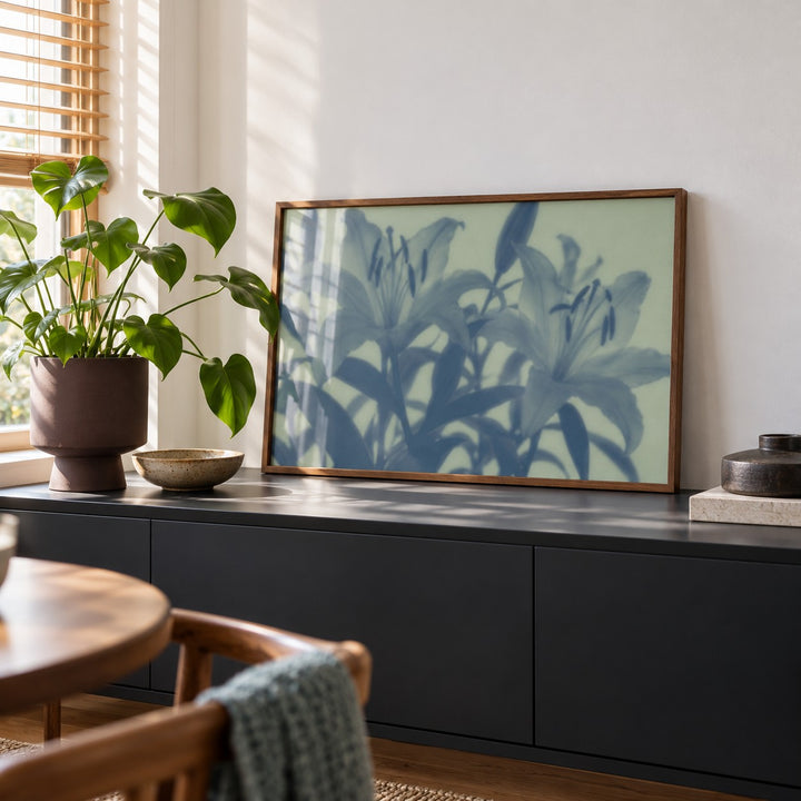 Sage Lily Print styled on a black sideboard (frame not included)