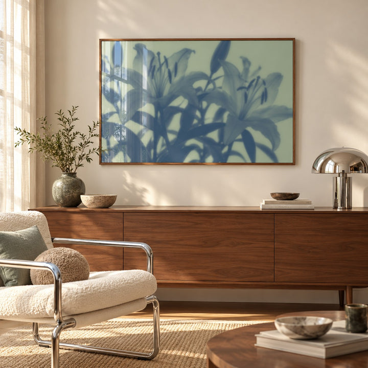 Sage Lily Print styled above a sideboard (frame not included)